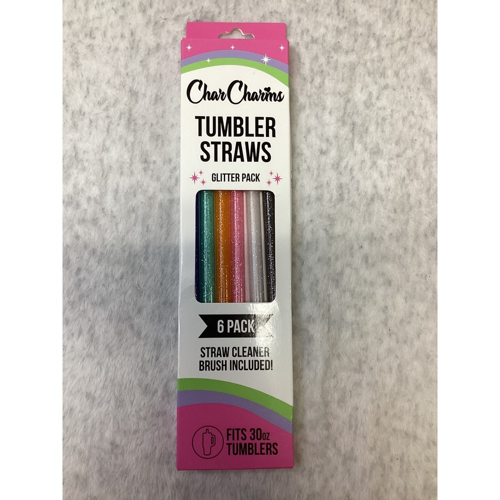 CharCharms Tumbler Straws Glitter Pack 6 Count Fits 30oz Tumblers with Cleaner